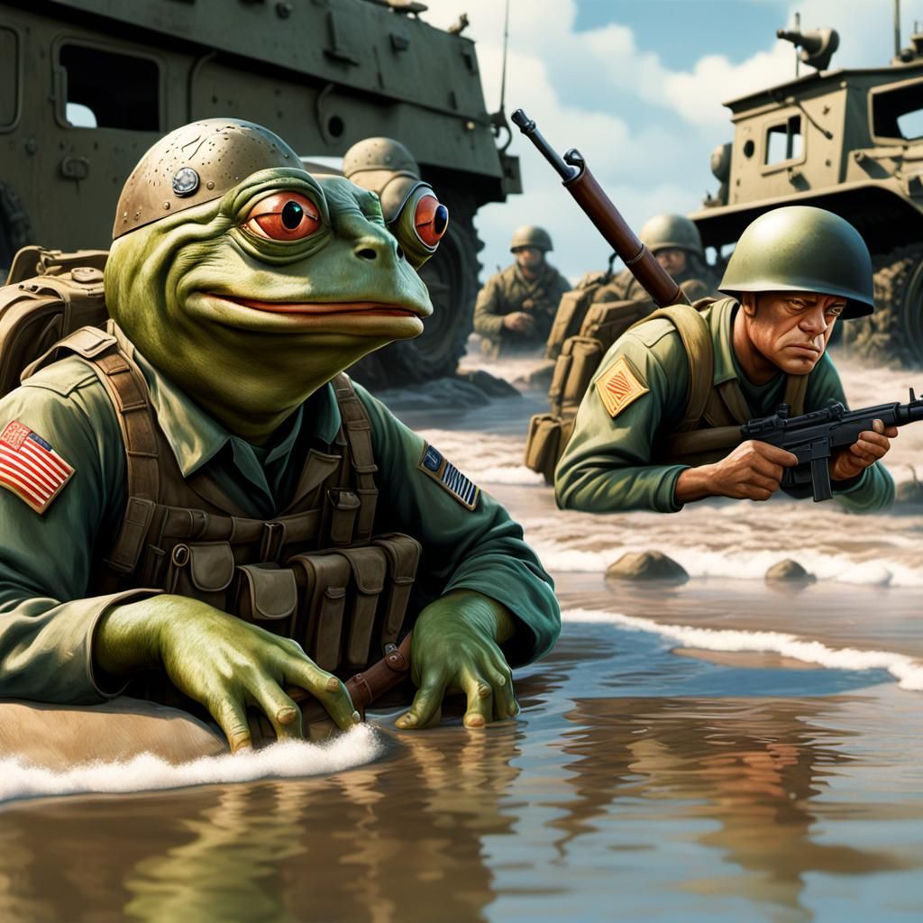 Pepe Frog as Saving Private Ryan: Hyperrealistic Art