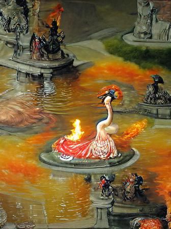 Flaming Swan Woman Descending to Fountain