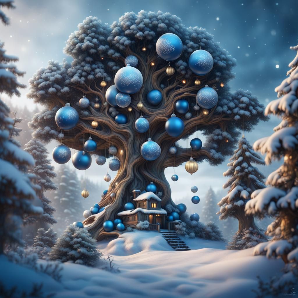 Christmas Tree with Blue and White Ornaments