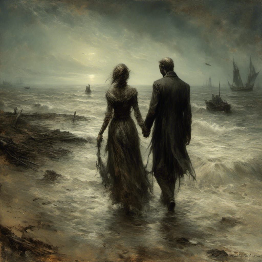 <lora:Macabre:1.0> A man and women holding hands walking down a apocalyptic beach