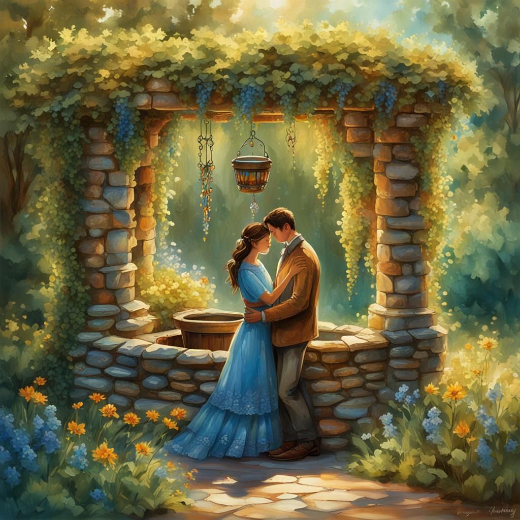 Romantic Couple at Wishing Well in Impressionist Style