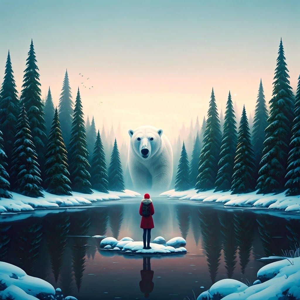 Woman and Polar Bear in Winter Landscape