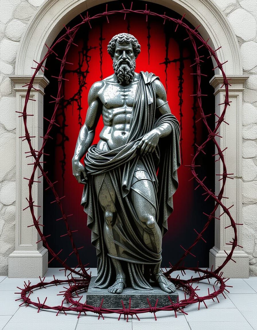 Barbed-Wire Socrates Statue in Macabre Maze