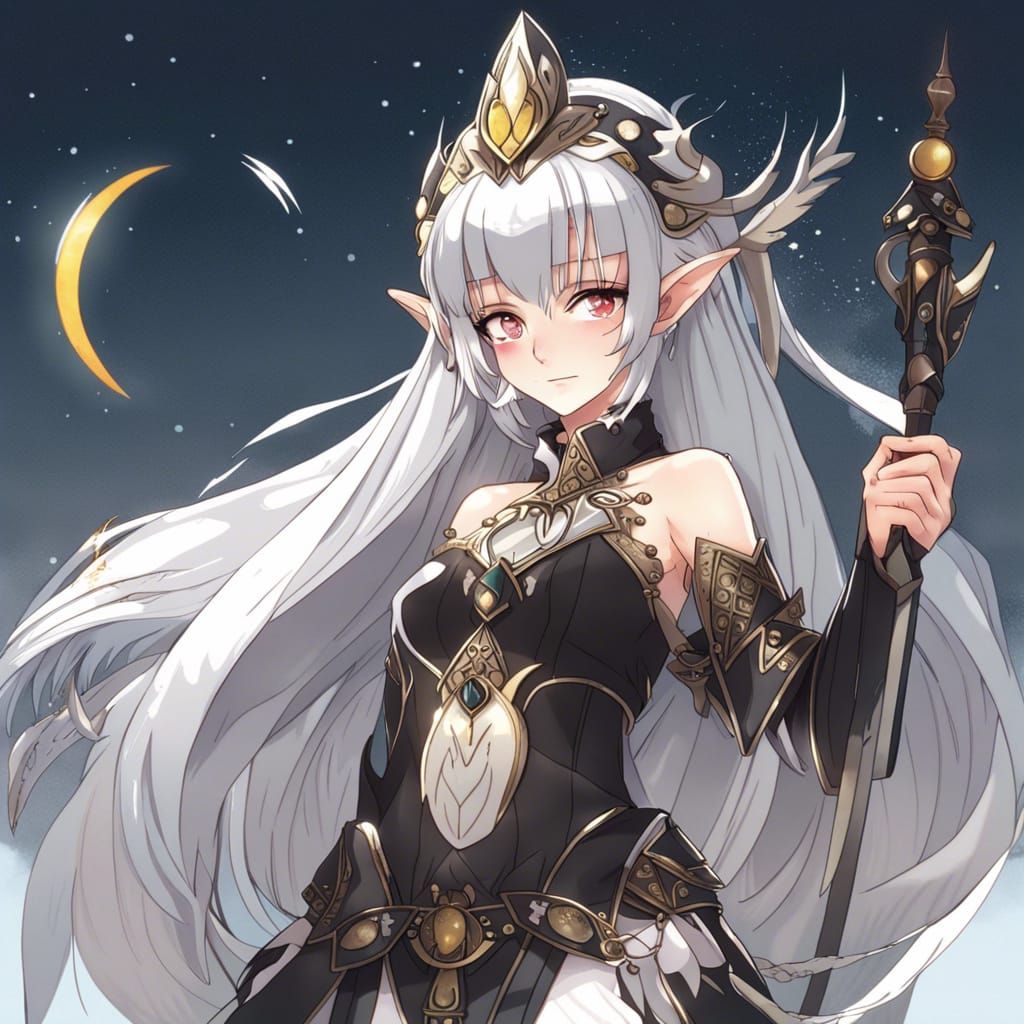 Anime Elf Warrior Princess with Sun and Moon