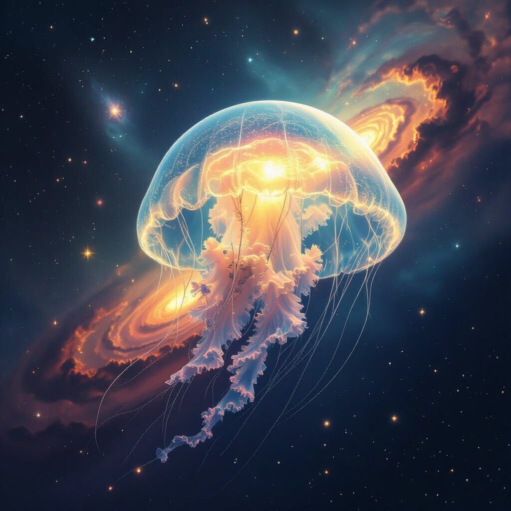 Bioluminescent Jellyfish Drifting Through Cosmic Nebula