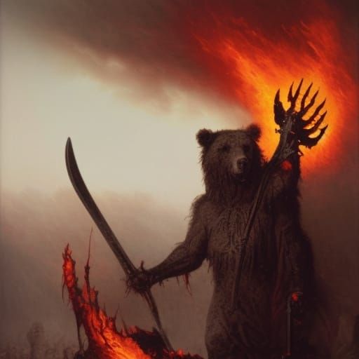 Gothic Horror: Barbarian Bear Warrior in Burning Landscape