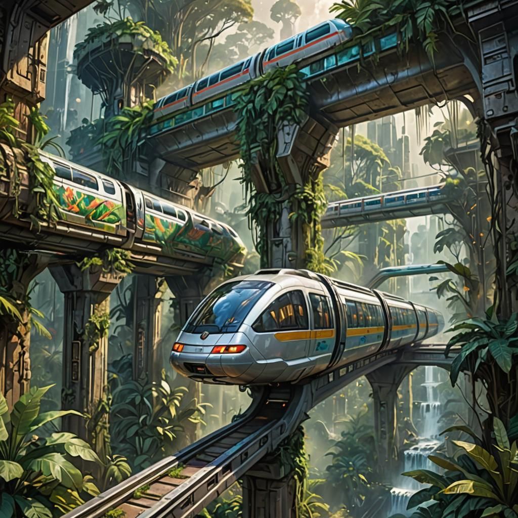 Futuristic Monorail Glides Through Ancient Jungle City