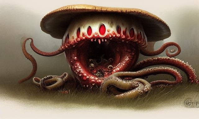 Sinister Tentacle Tooth Mushrooms, Dark Fantasy Art