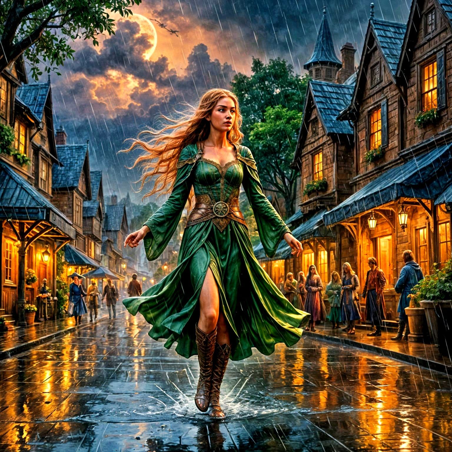 Elven Princess Dancing in the Rain Watercolor