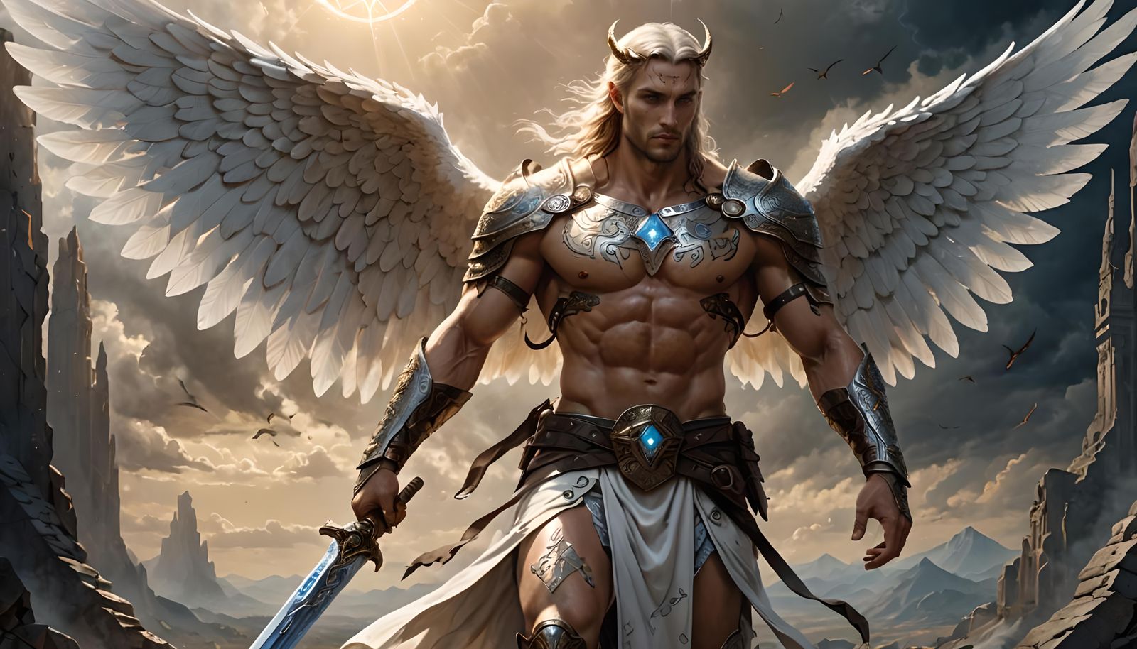 Handsome Angel with Divine Sword and Runes