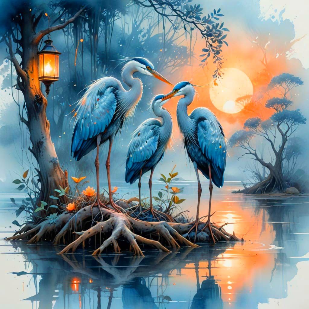 Heron Chicks at Misty Mangrove Twilight in Sumi-e Watercolor