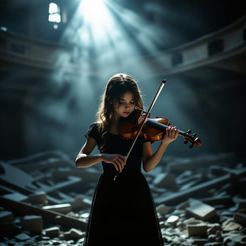 Girl with Violin in Ruined Theatre, Cinematic Style