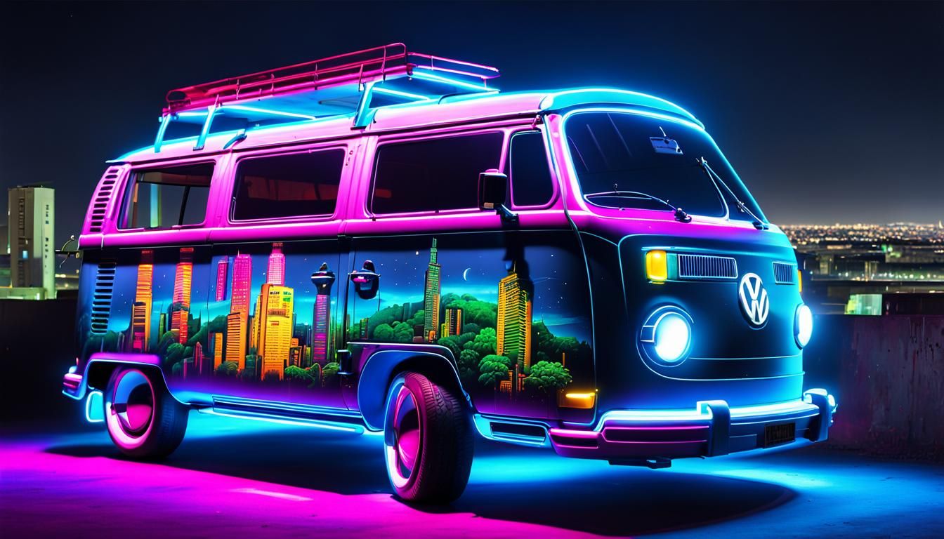 Cyberpunk Neon VW Van in Surreal Digital Art Style