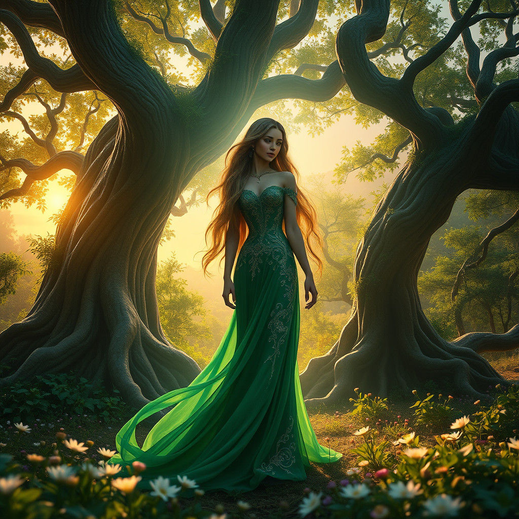 Mystical Earth Goddess in Glowing Forest