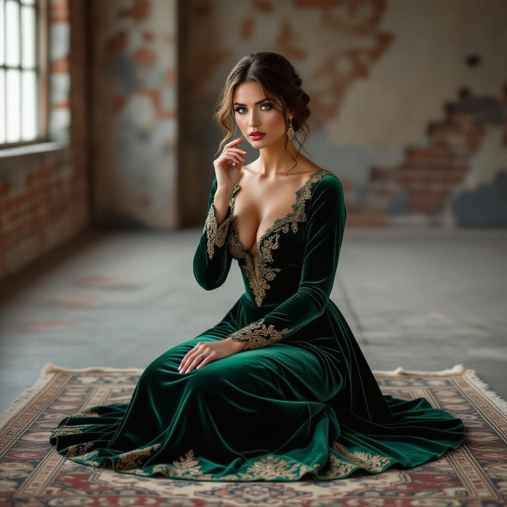 Emerald Gown in Minimalist Loft, Photorealistic Digital Art