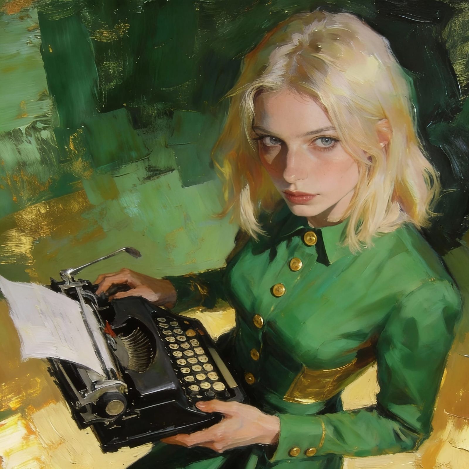 Painterly Portrait of Woman with Typewriter in Impressionist...