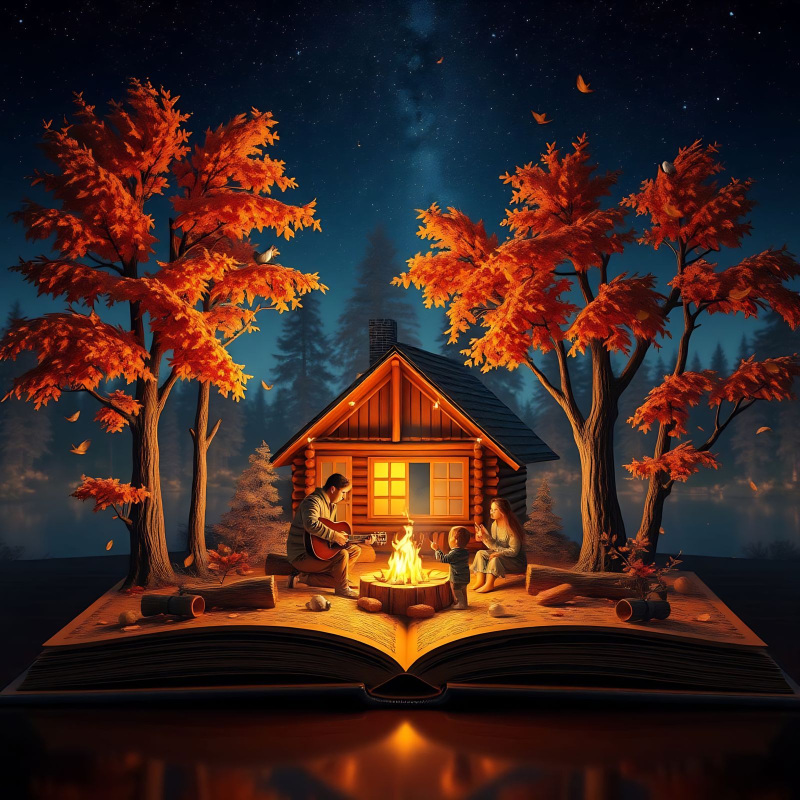 Autumn Pop-up Book Scene with Cozy Lakeside Cabin