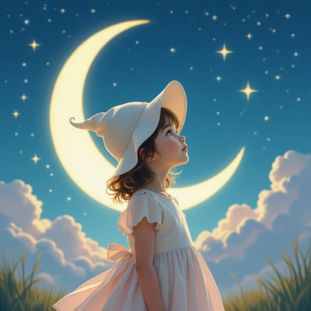 Child Gazing at Stars in Crescent Moon Hat