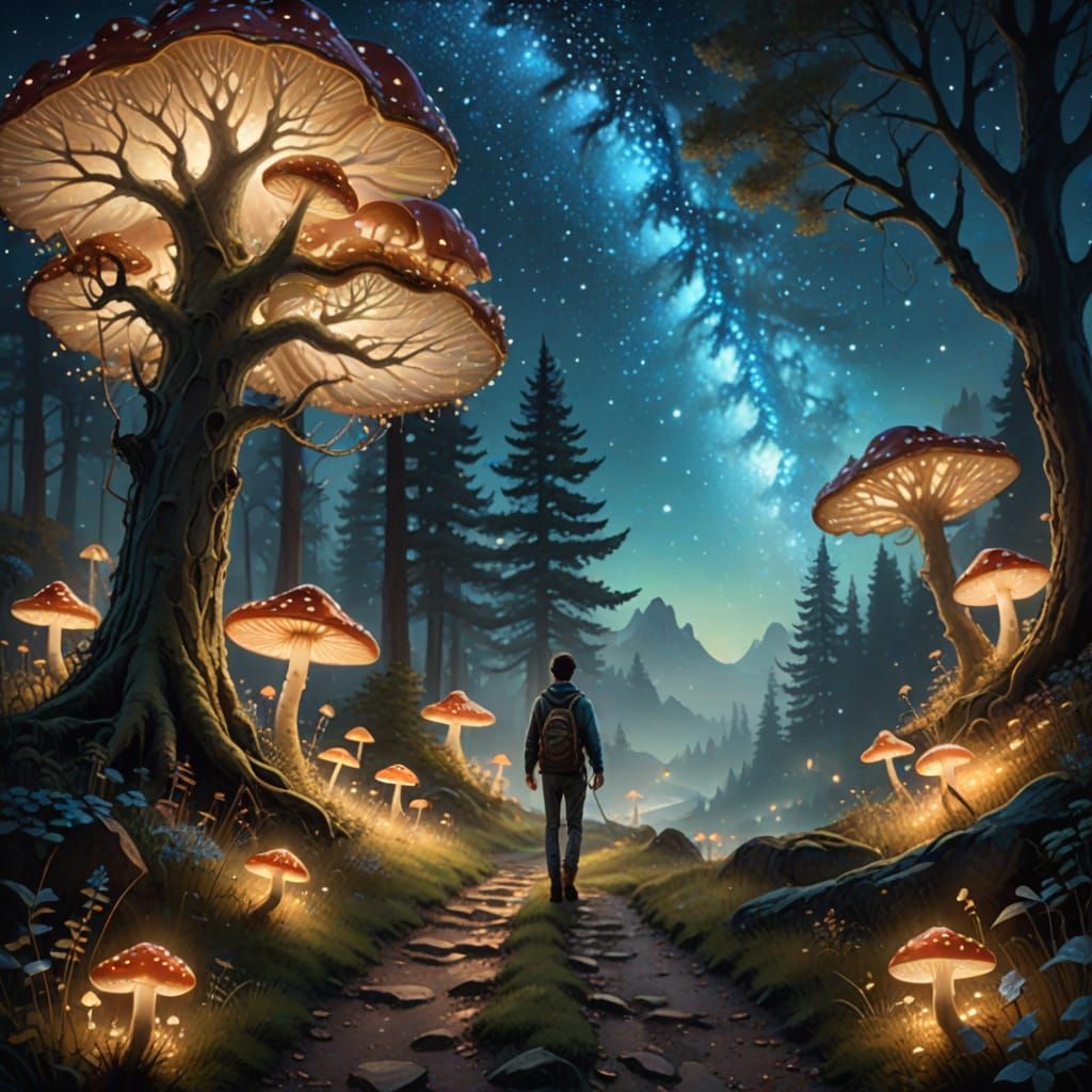 A Wanderer in Enchanted Forest at Night