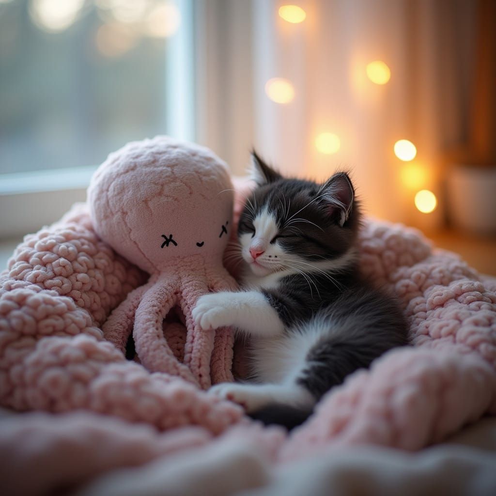 Cute Black and White Kitten Sleeps with Stuffed Octopus