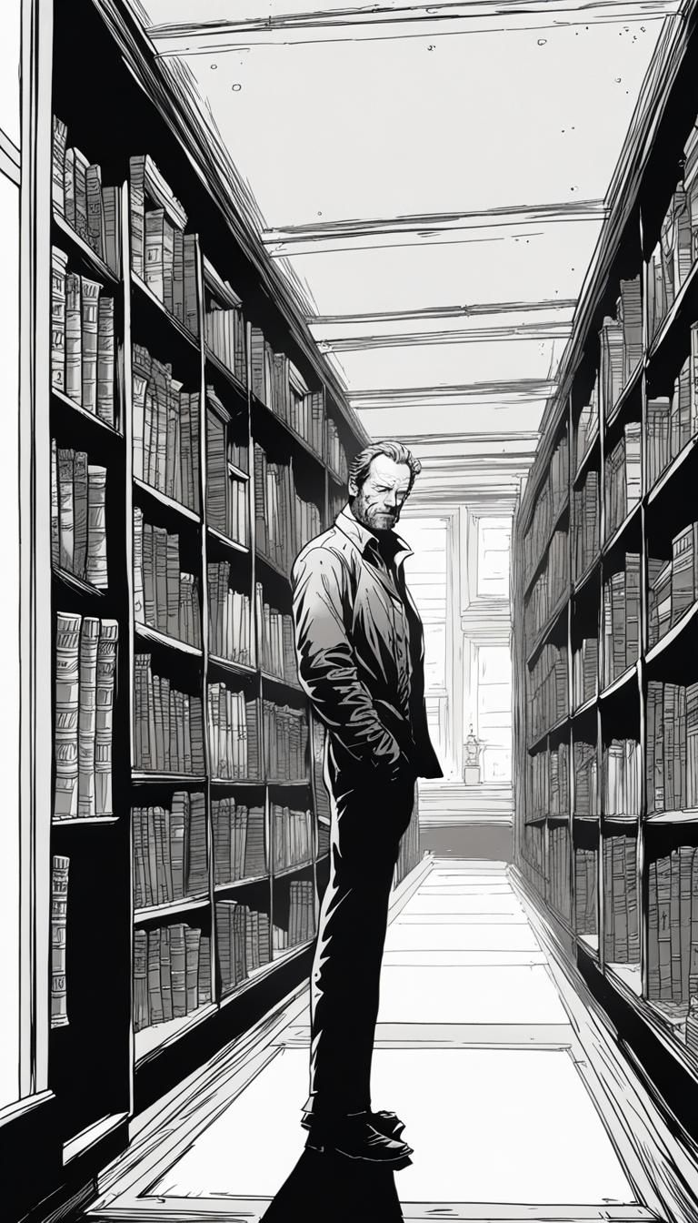 Jack Taylor in Library, Moebius Style Comic Art