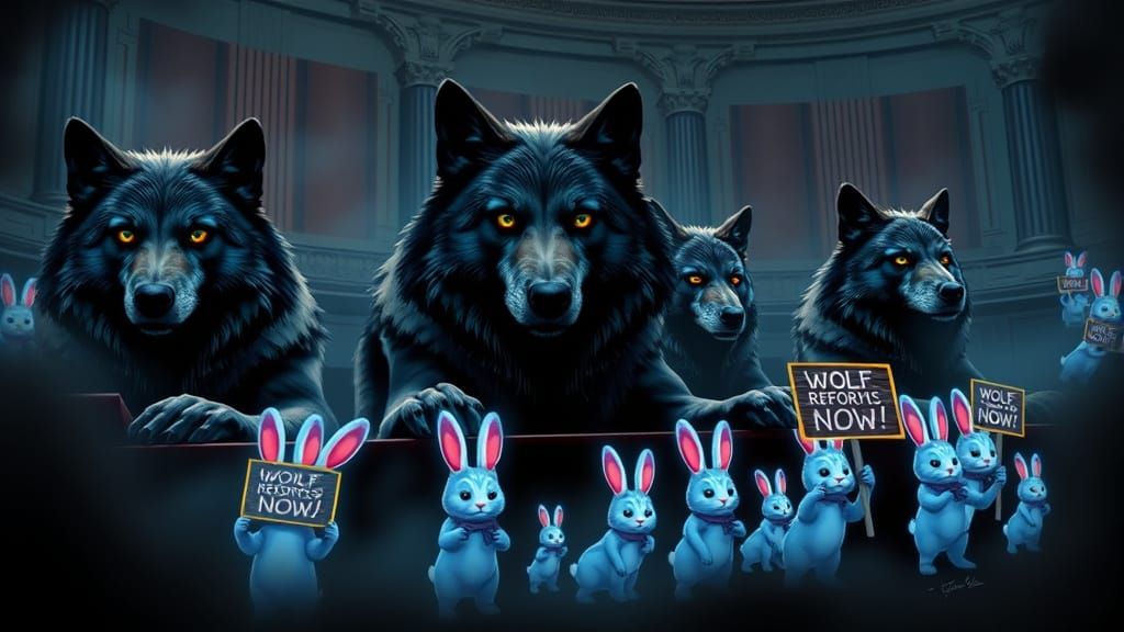 Dire Wolves Legislating with Neon Rabbit Protestors
