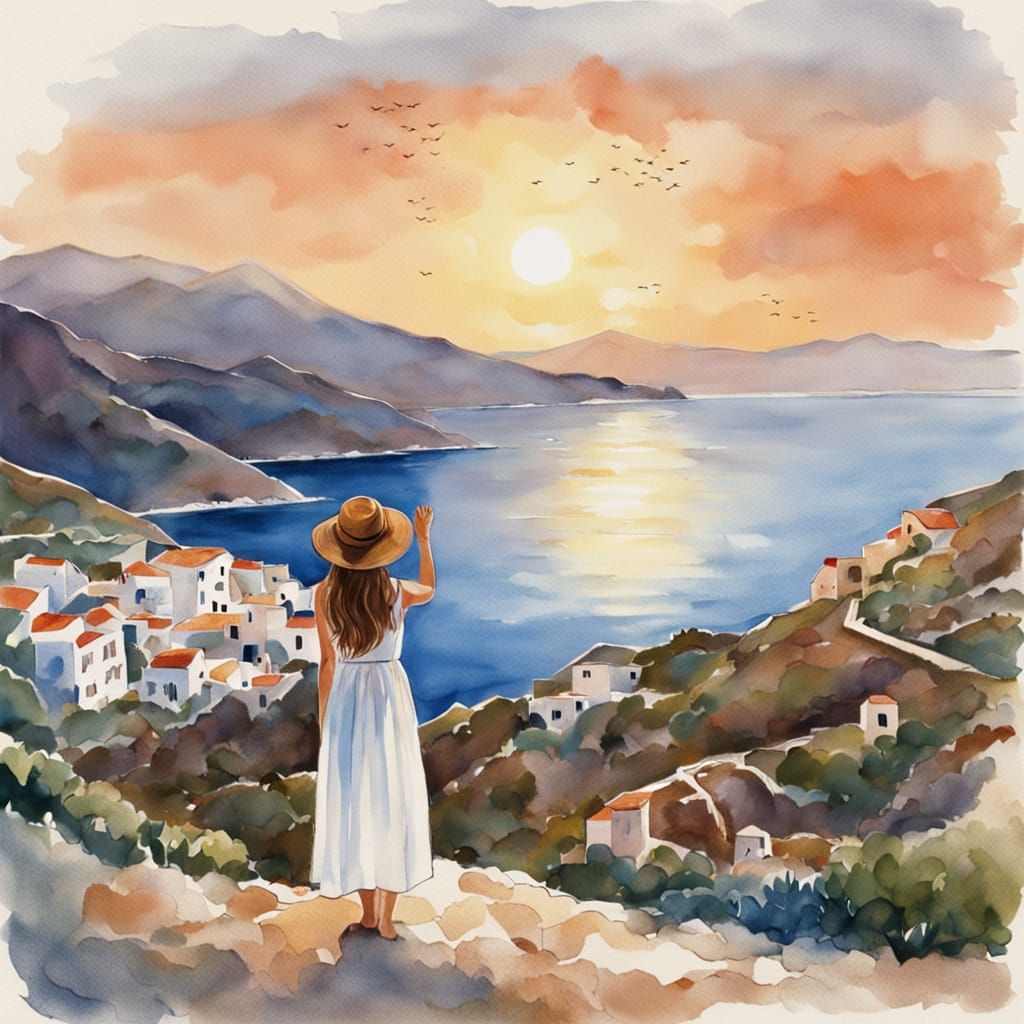 Greek Sunset with Woman in Boho Dress in Watercolor