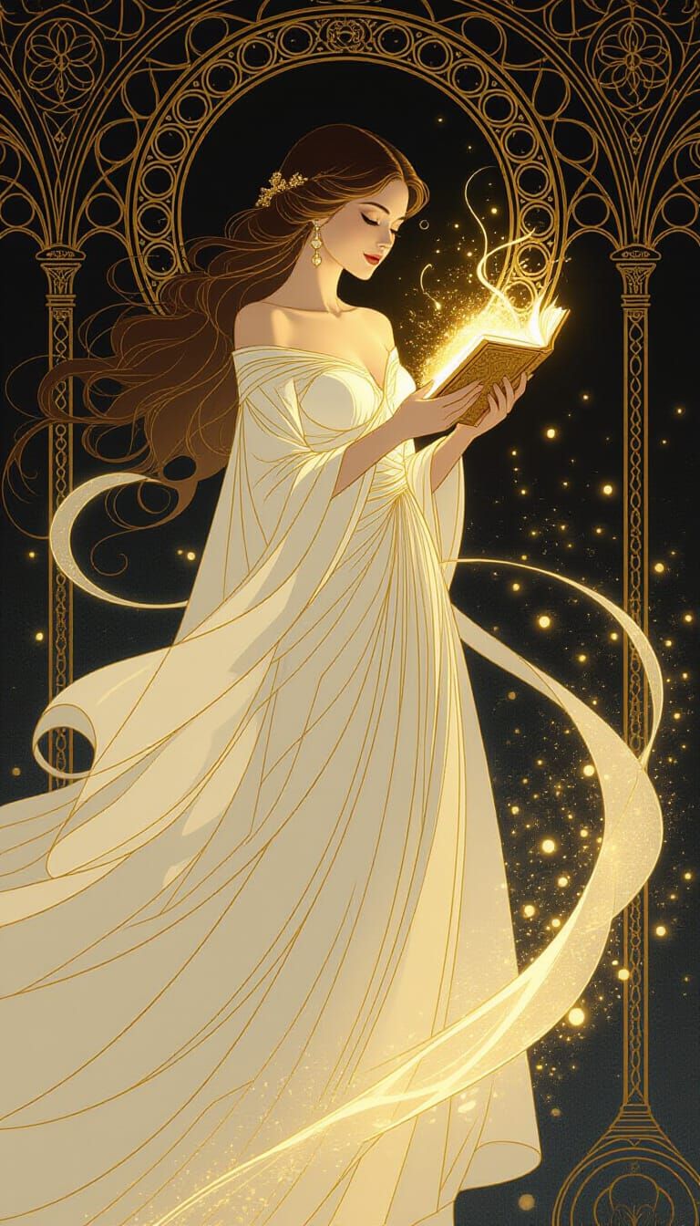 Mystic Woman with Glowing Book in Gothic Shadows