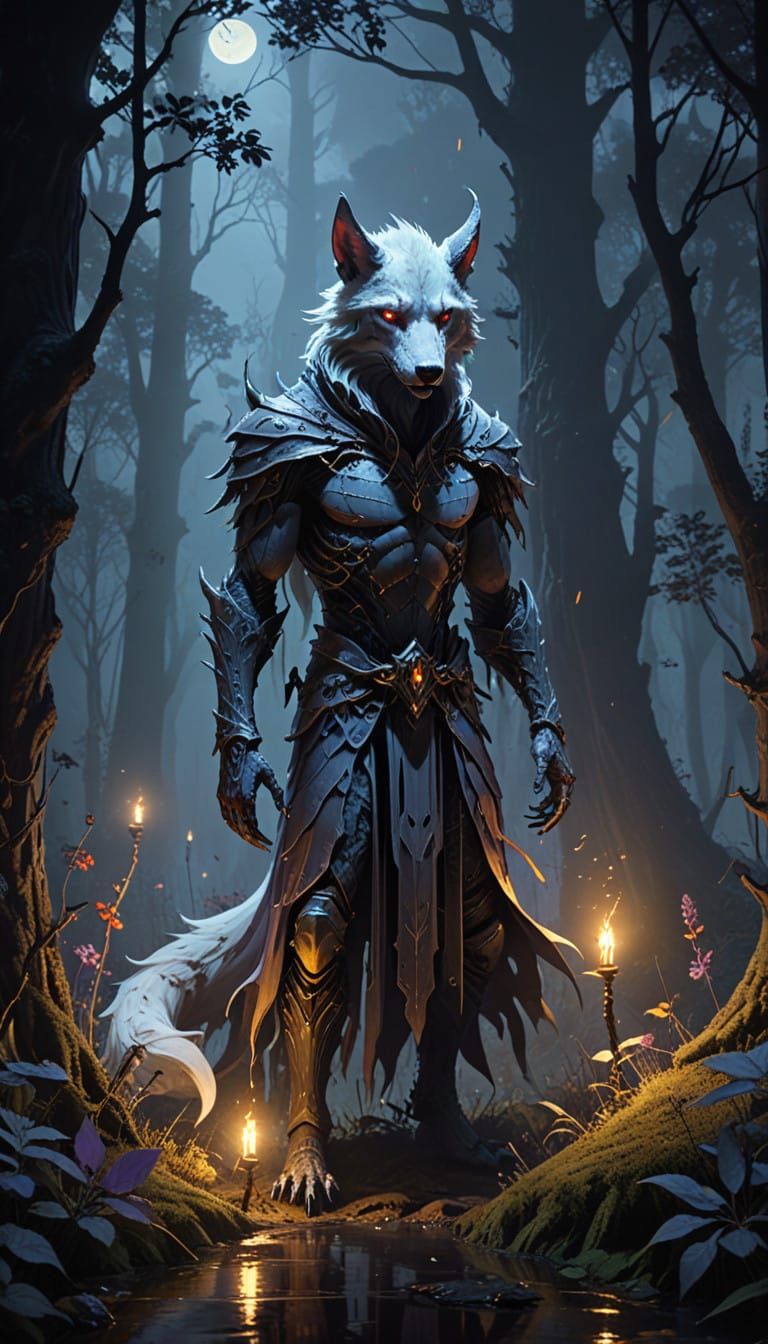 Majestic Lupine Specter Stalks Through Dark Fantasy Woods