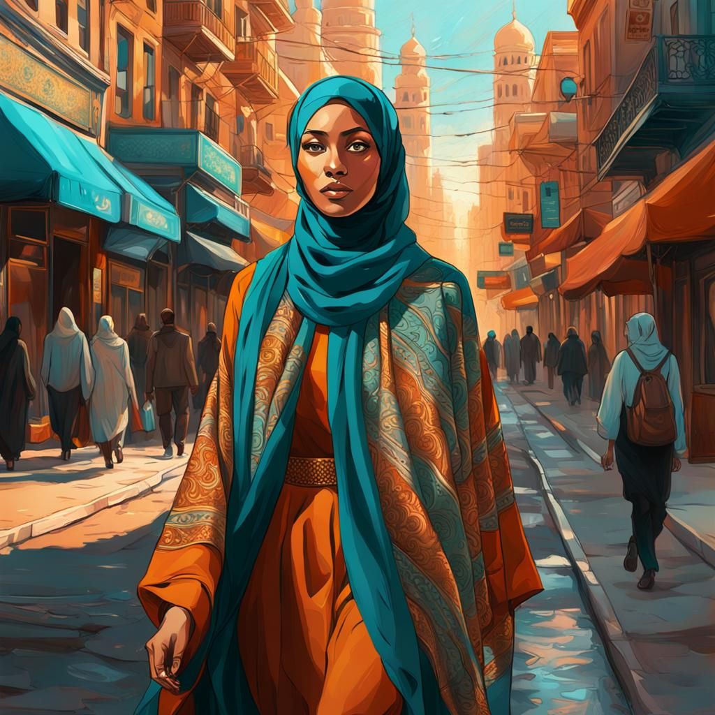 Young Woman in Hijab Walking City Street, Hyper-Realistic Ar...