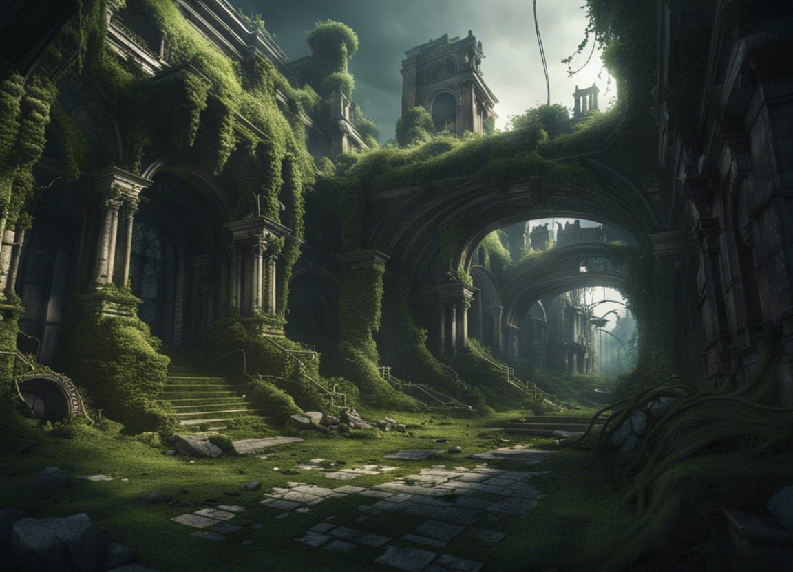 Overgrown Ruined City in Dark Fantasy Style