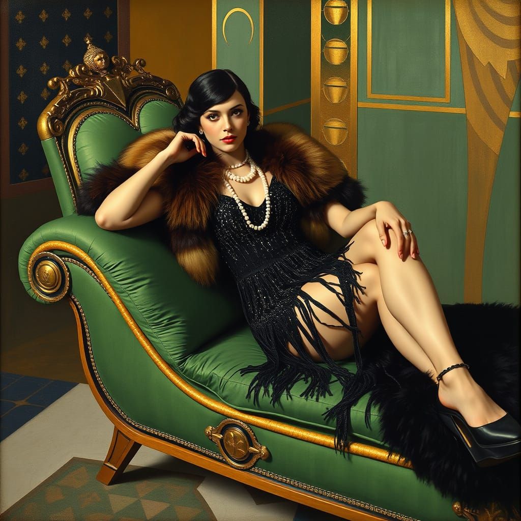 Art Deco Socialite with Fox Fur in Tamara de Lempicka Style