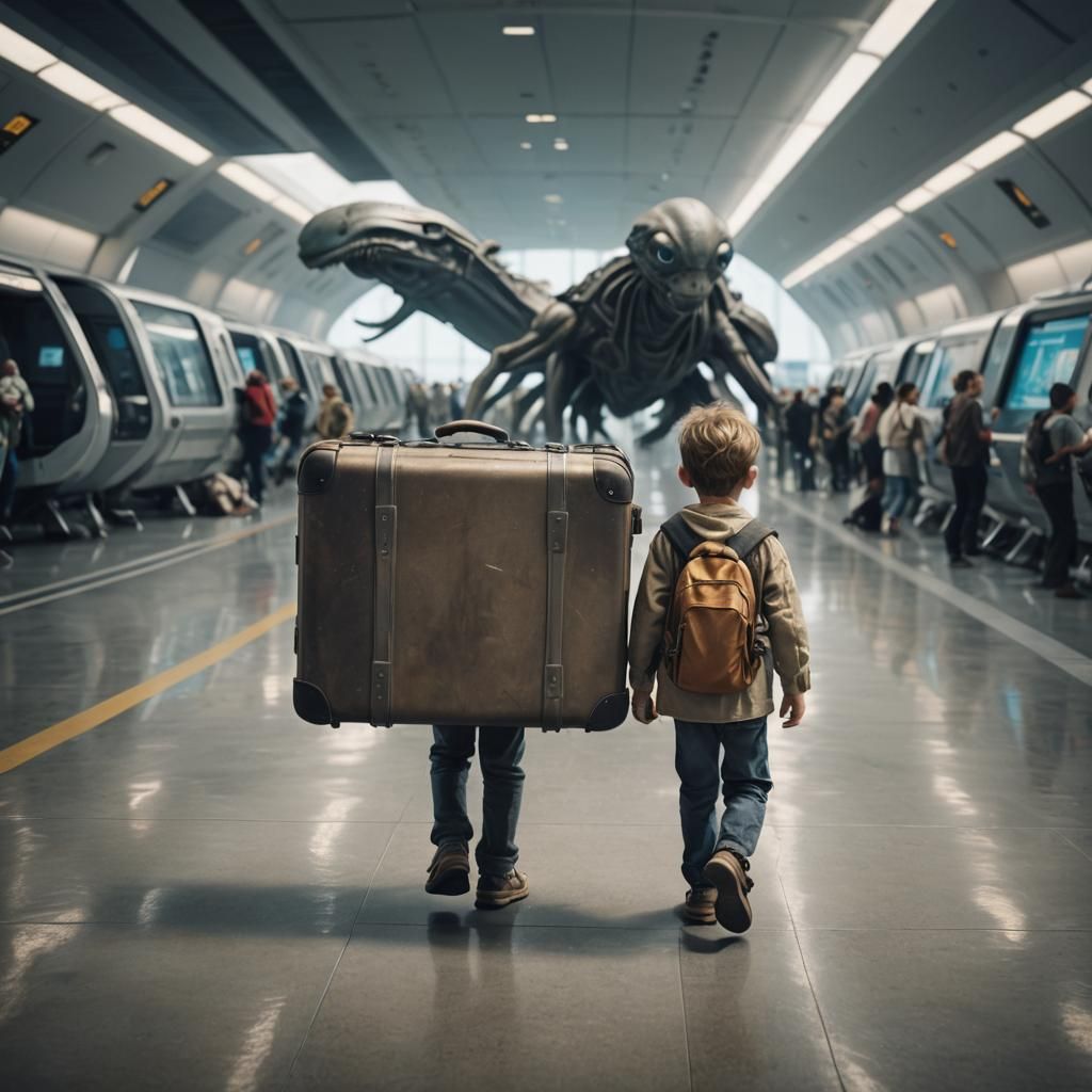 Grimey Child Drags Suitcase in Futuristic Alien Airport
