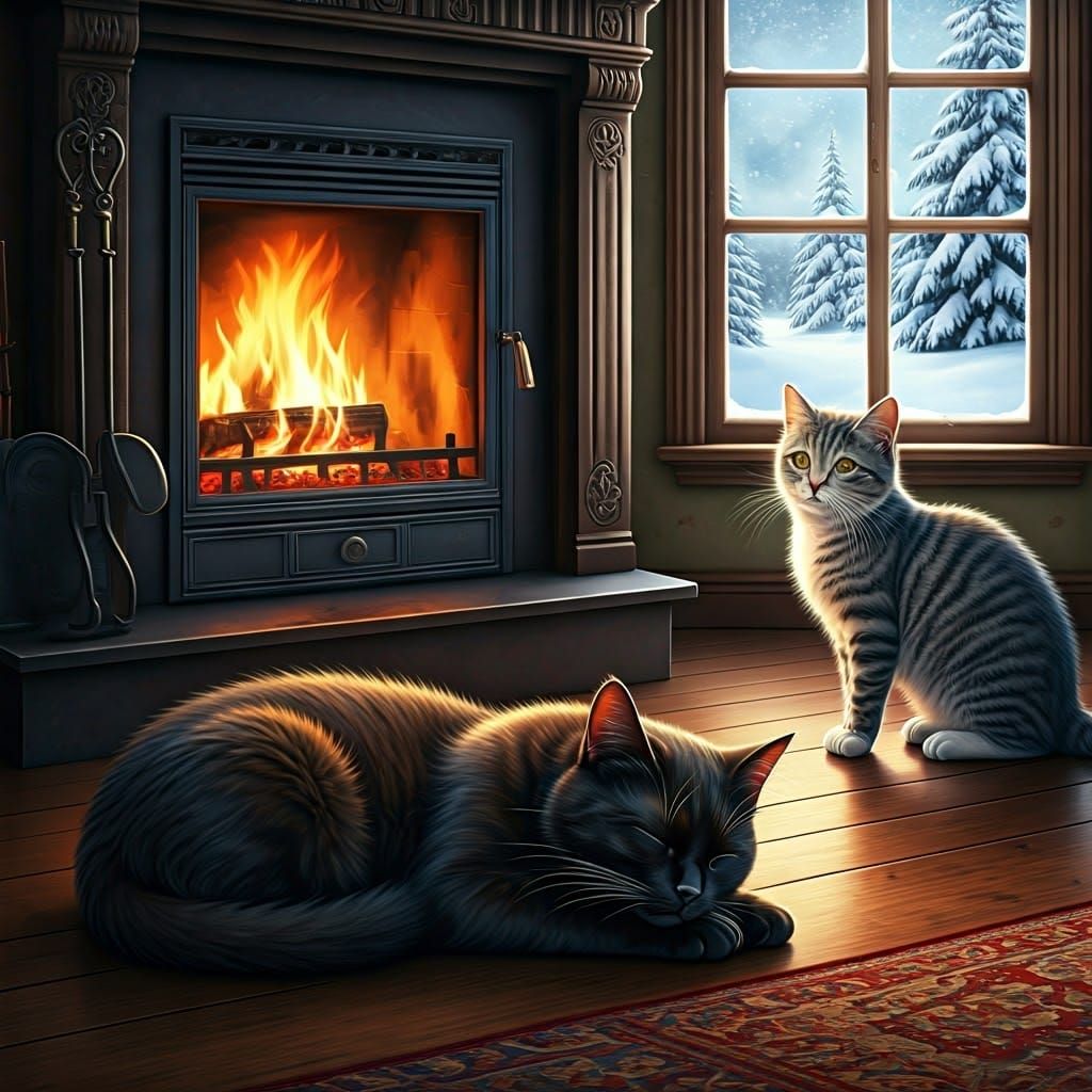 Cozy Winter Scene with Cats by a Fireplace