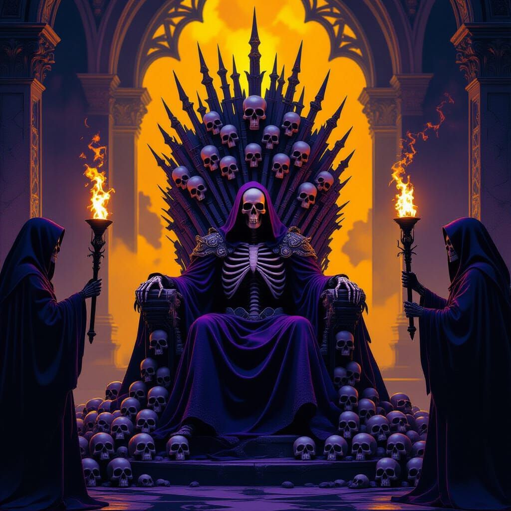 Dark Fantasy Skull Throne with Skeletons and Torches