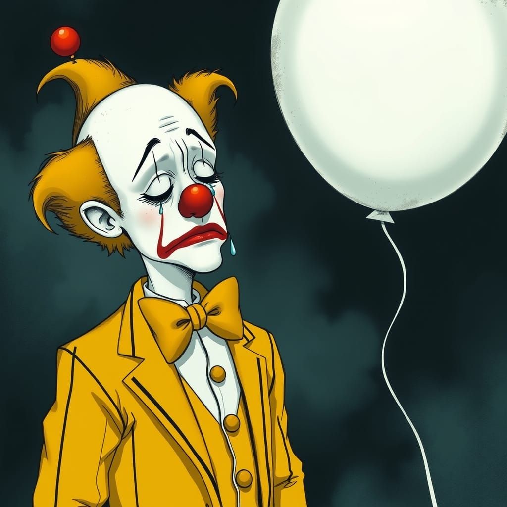 Distraught Clown with Burst Balloon, Dreamlike Art