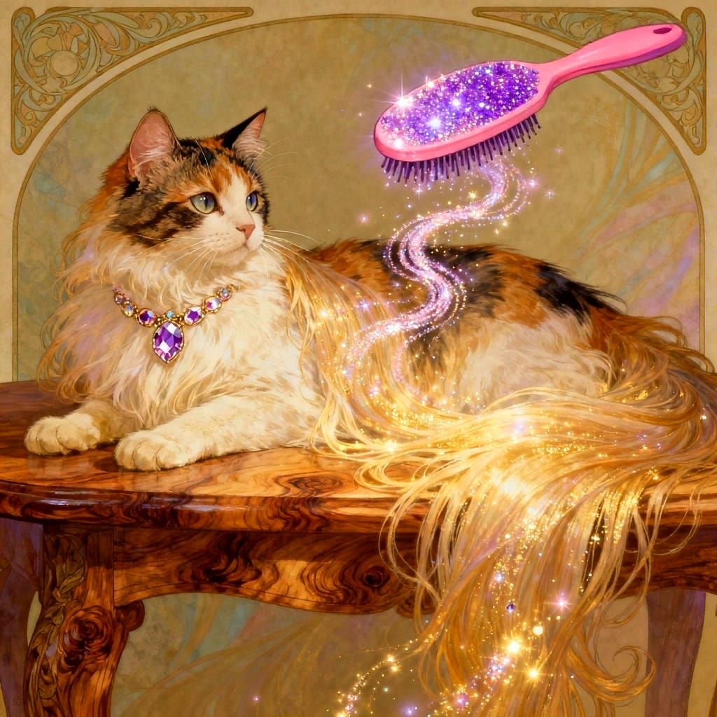Magical Brush Styles Calico Cat with Gemstone Necklace