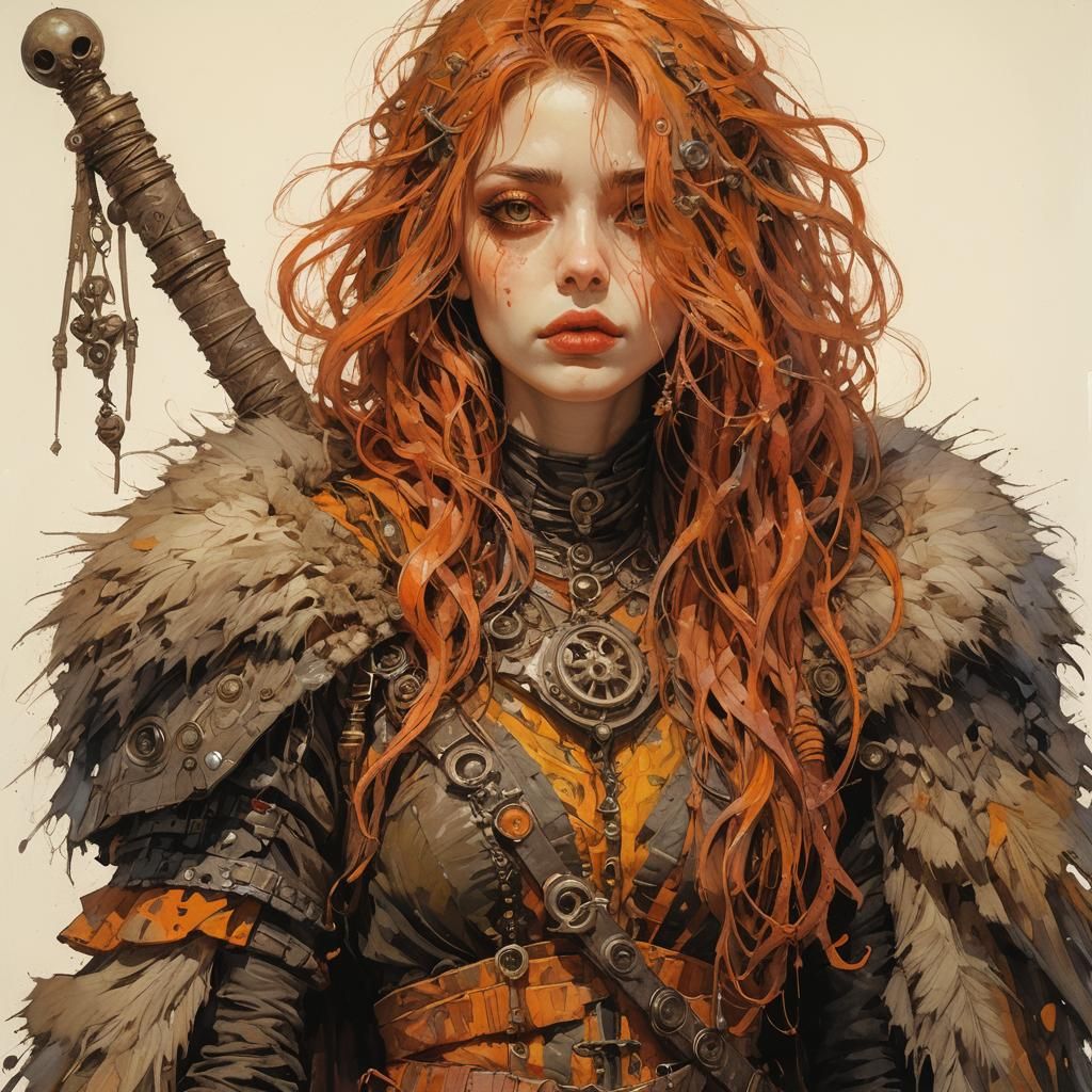 Cute Girl in Warm Colors, Detailed Painting