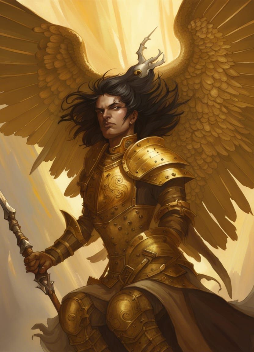 Aasimar Cleric in Golden Armor Artwork
