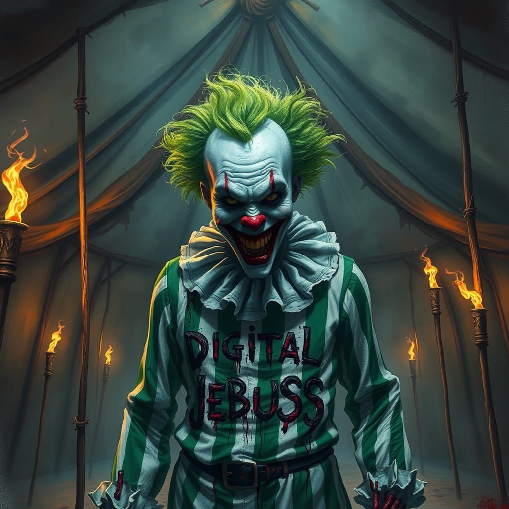 Grotesque Undead Clown in Dilapidated Circus Tent