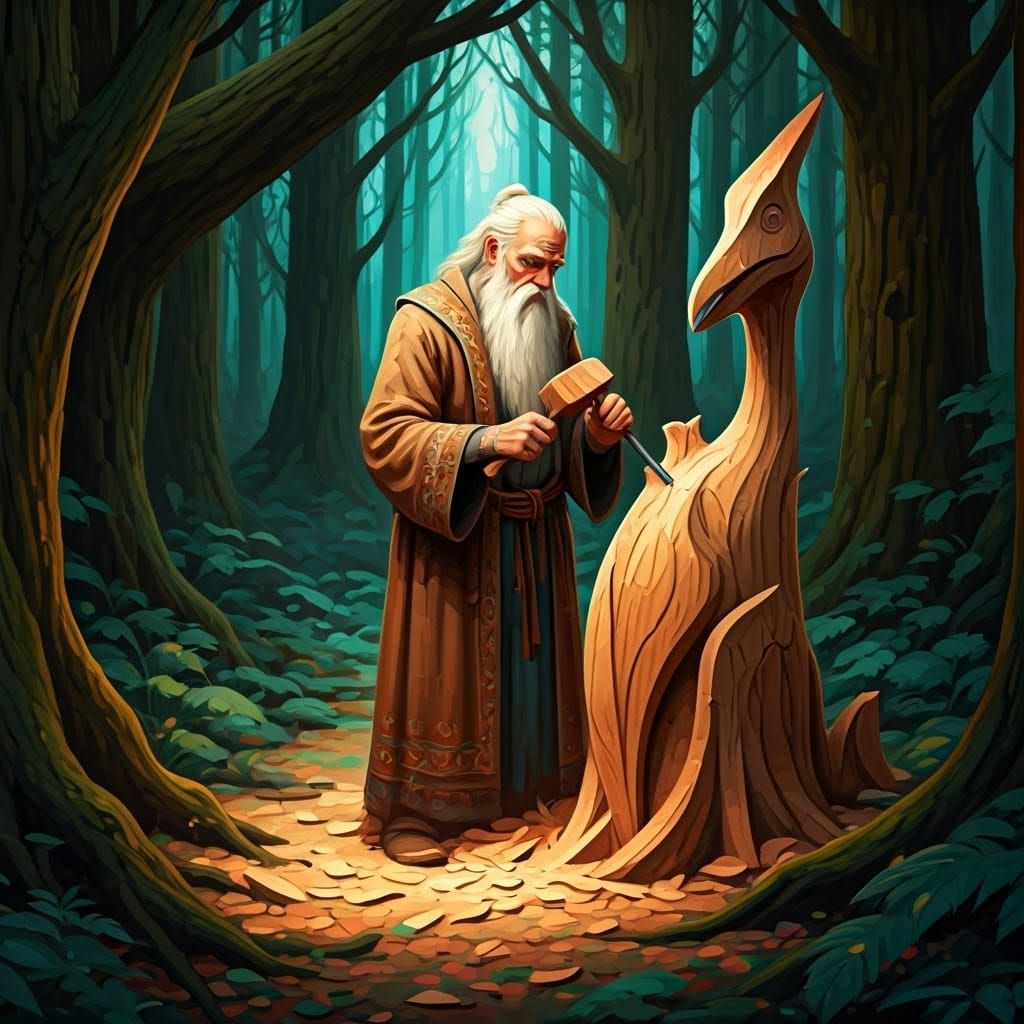 Wizard Carves Pterodactyl Statue as Oil Painting