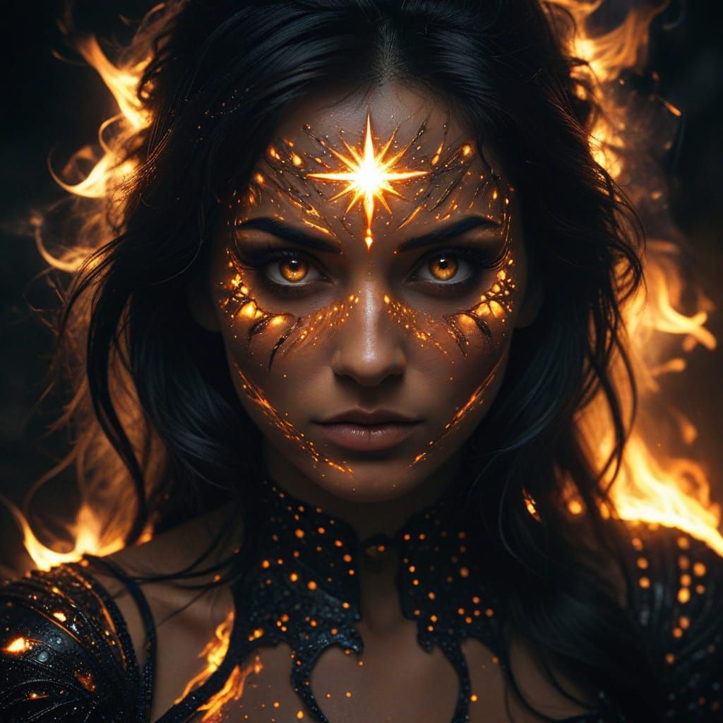 Radiant Beauty With Fiery Eyes Emerging From Darkness
