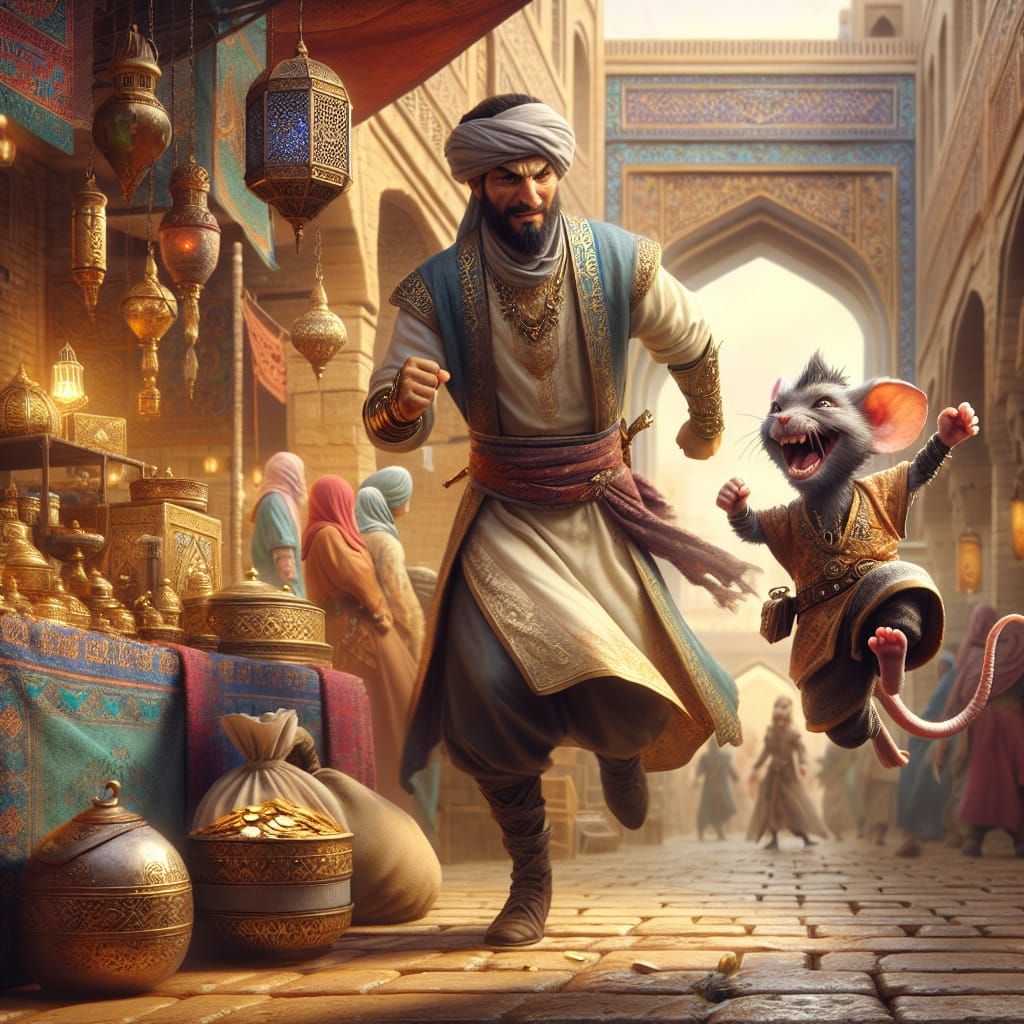 Energetic Merchant Chases Elusive Rat-Like Thief in Bustling...