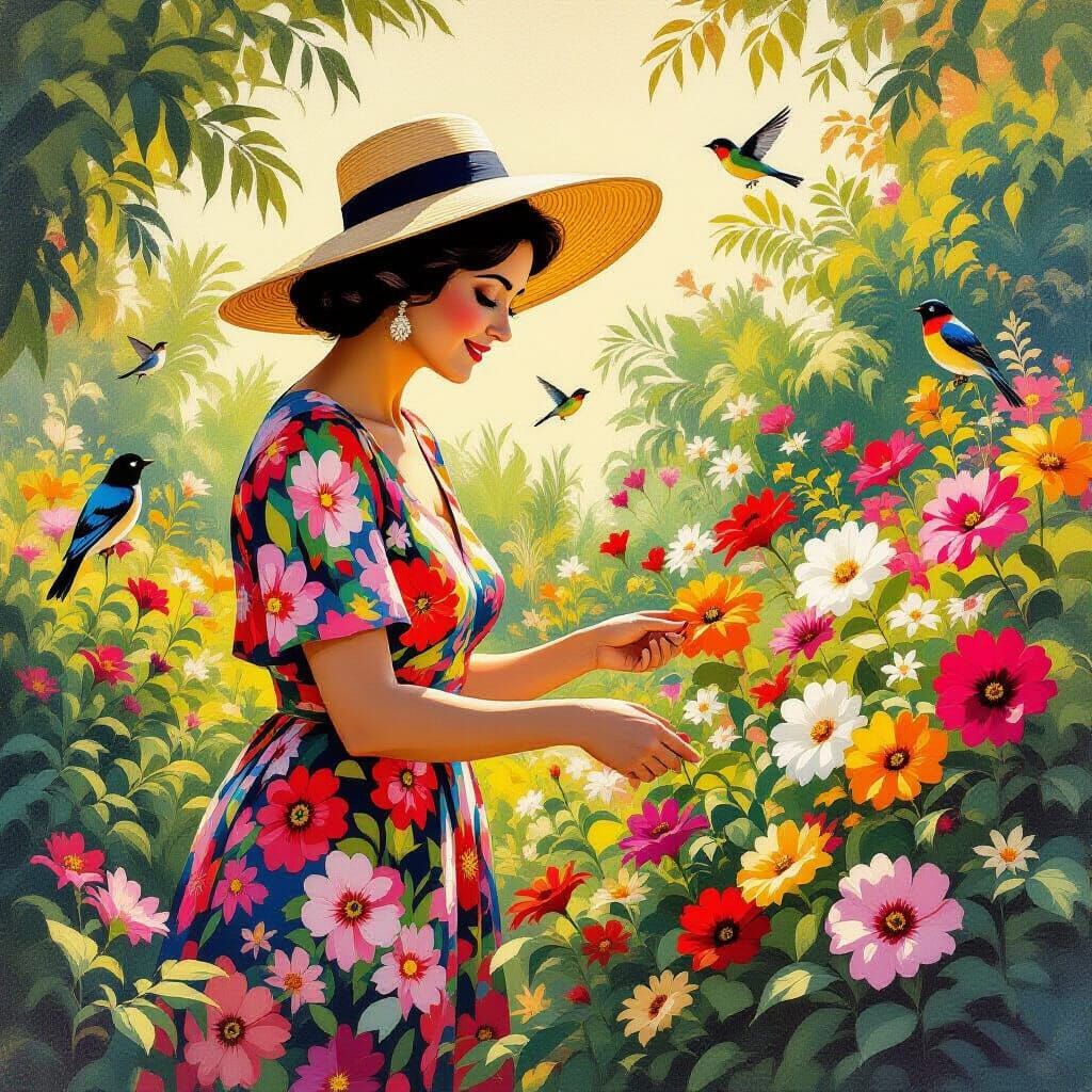 Elegant Lady in Garden, Painterly Vintage Style