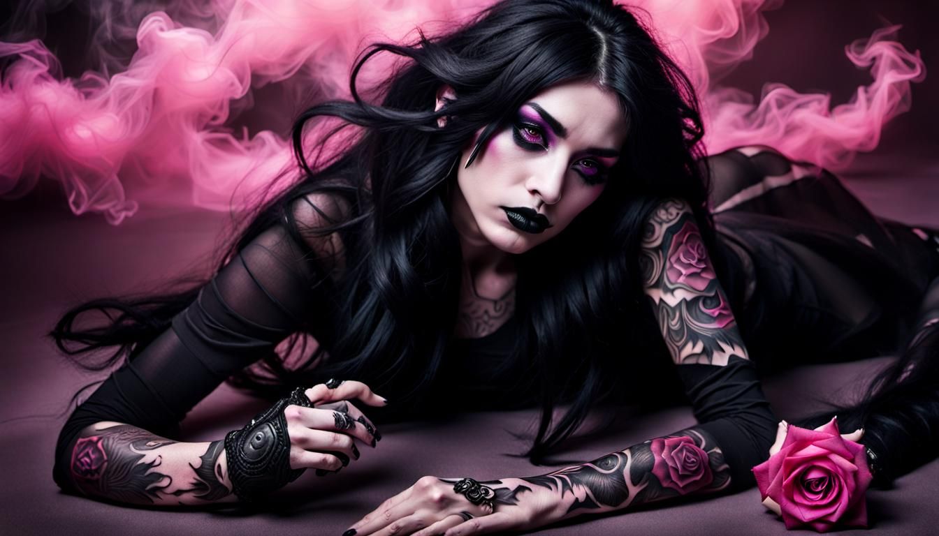 Gothic Girl with Dragon Rose Tattoo in Studio