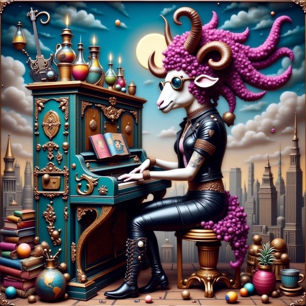Punk Rock Pirate Sheep Pianist on Rooftop