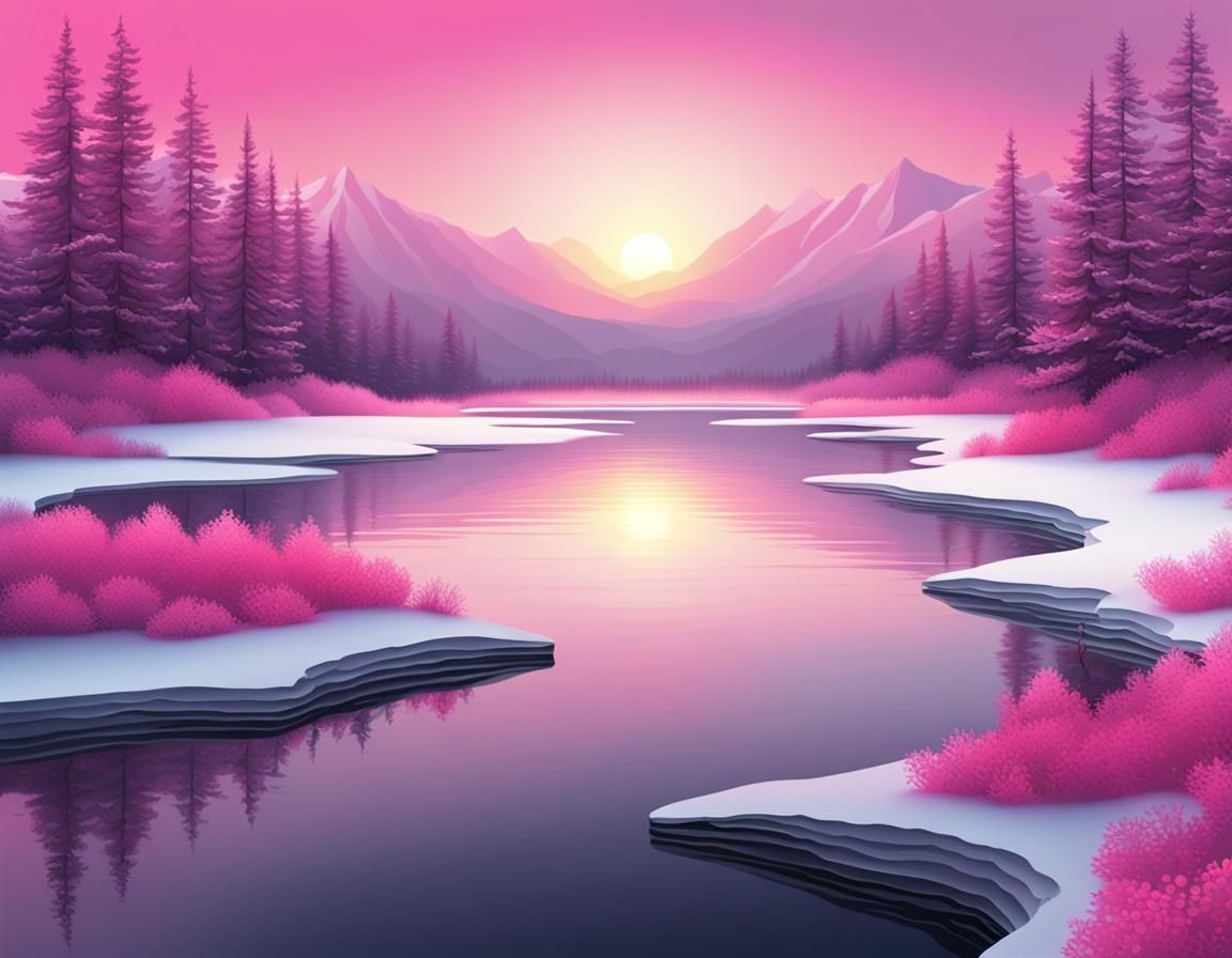 Pink Sunset Over Snowy Lake with Abstract Flowers