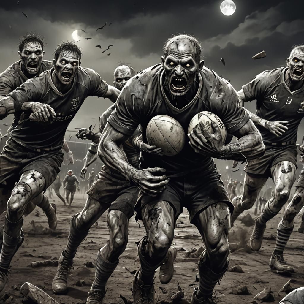 Zombie Rugby Players in Dark Fantasy Pencil Sketch