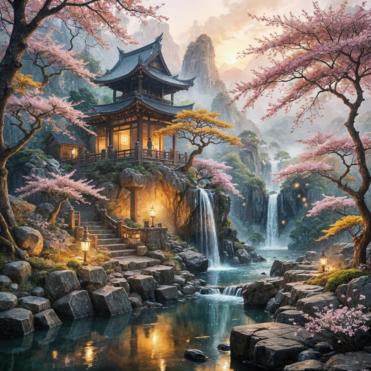 Surreal Zen Garden with Floating Sakura Leaves