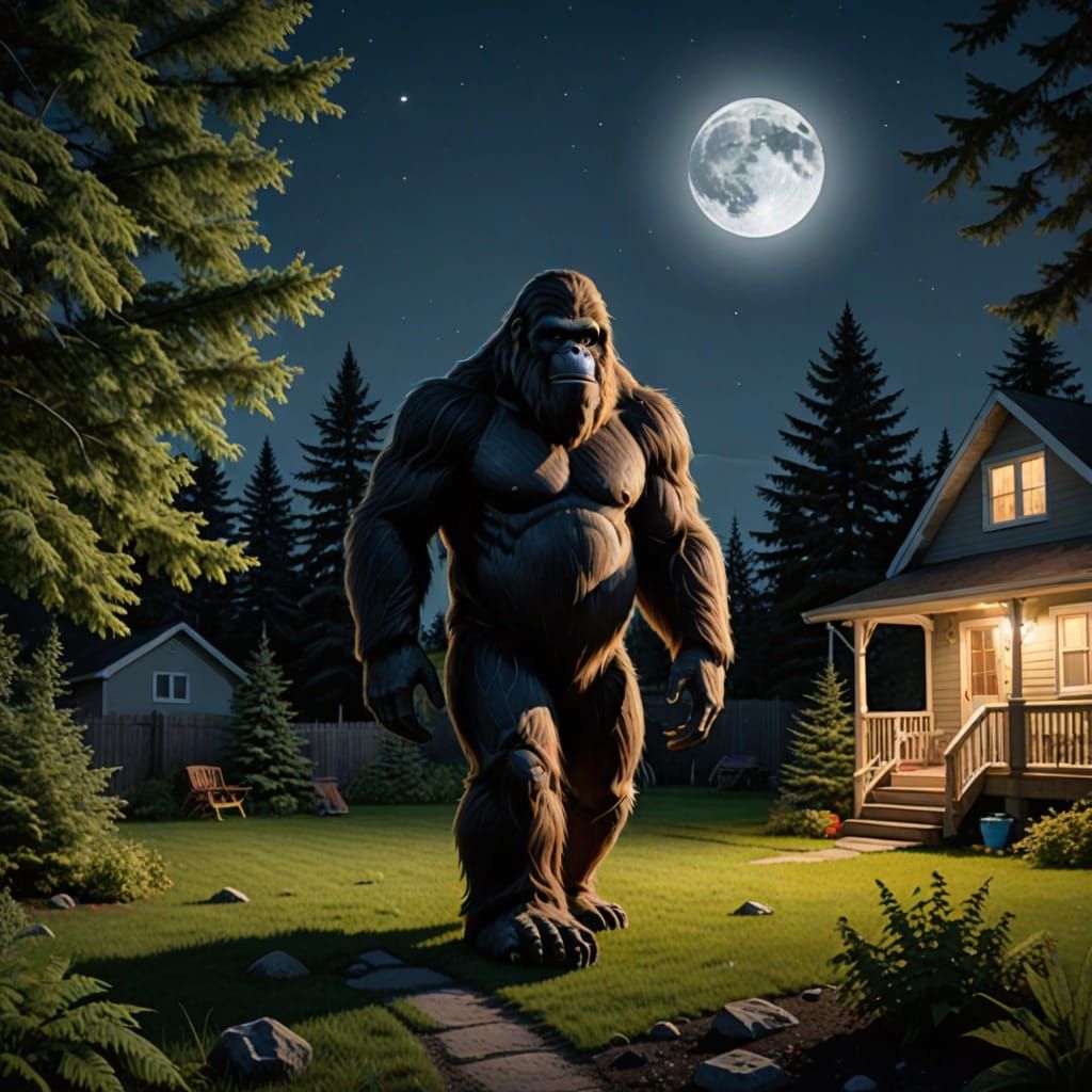 Bigfoot Under Full Moon in Canadian Backyard